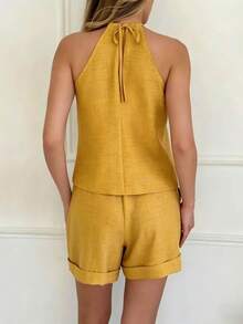 Conjunto casual de verano con top sin mangas y pantalones cortos - Amarillo - Ver 4