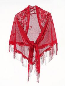 1pc Solid Color Hollow Flower Tassel Shawl - Multicolor - View 18