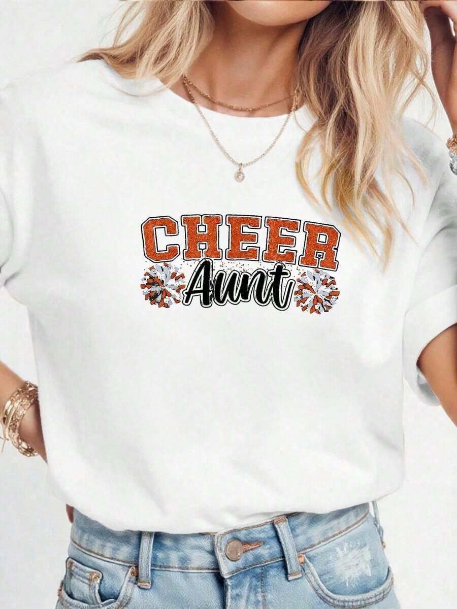 1 pieza Camiseta de Mujer "Loud Proud Cheer Aunt Team" con Pompones Naranjas para Animadoras, 180g, 100% Algodón - Blanco 3 - Ver 1