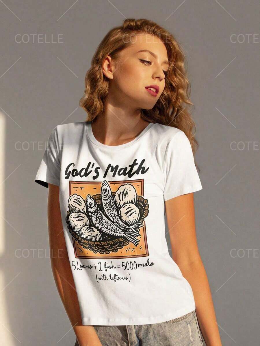 1 pieza de camiseta con estampado "La Matemática de Dios" (5 panes y 2 peces), camiseta divertida de fe cristiana para mujer, de talla grande, 180g, 100% algodón, los diseños están completamente impresos. Unisexo. - Blanco - Ver 1