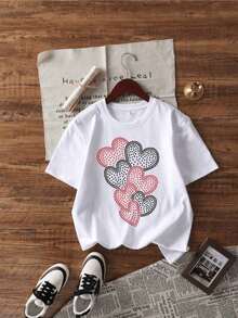 Serie de corazones entrelazados formados por puntos rojos y negros que simbolizan la conexión emocional y la armonía entre sentimientos camiseta de mujer moderna casual cómoda para uso diario elegante y versátil - Blanco - Ver 7
