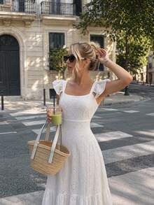 Women's Summer Fashionable And Elegant Vacation Style Suspender Ruffle Edge Square Neck Hollow Rough Design A Long Women's Dress, Suitable For Beach Vacation, Wedding Guests, Graduation Ceremony Dress, Birthday Party, Elegant Party Dress, - White - View 1