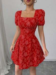 Vestido de mujer de manga abullonada y cuello cuadrado, de moda para el verano - Rosa - Ver 6