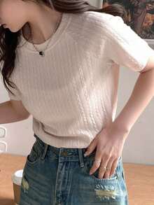 Designer Camiseta de manga raglán de unicolor para mujer, tops de estilo universitario para el verano - Albaricoque - Ver 6