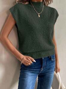 Chaleco de lana sin mangas de estilo elegante francés color albaricoque con cuello alto, corte asimétrico, adecuado para salir y asistir a fiestas, otoño/invierno - Verde militar - Ver 6