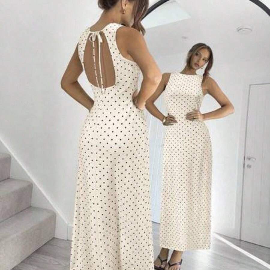 guang zhou mi qian shang mao Vestido de verano sin mangas con lazo en la cintura y estampado de lunares elegante para mujer - Albaricoque - Ver 1