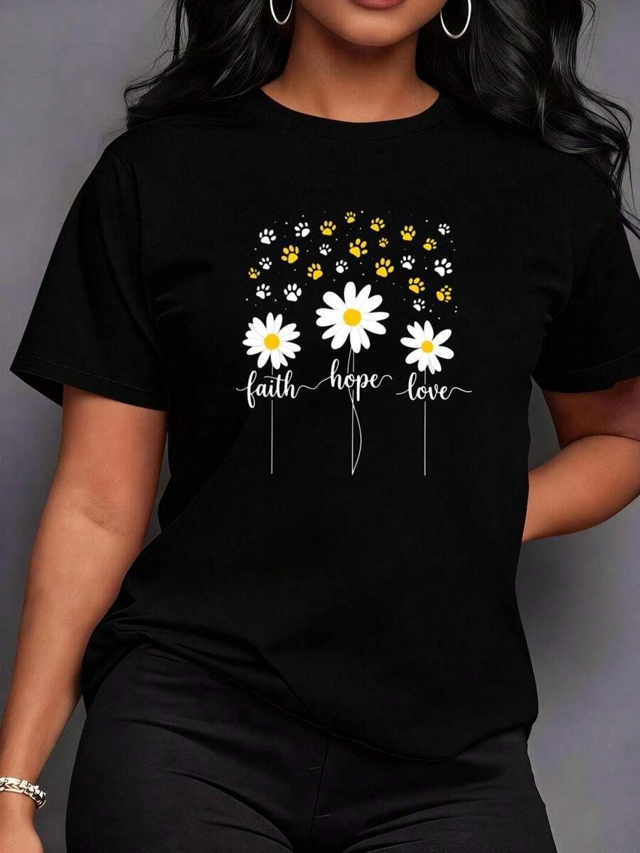 1 Piece Of 100% Cotton Short-Sleeved T-Shirt, Casual Round Neck With Print, Daisy Flower Design, With Claw Marks And The Words Faith, Hope, Love, Breathable Short Sleeves For Everyday Wear - 黑色 - 查看 1