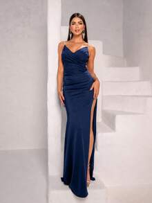 Vestido Longo Madrinha Festa Formatura Casamento Fenda Alça Brilho Malha Trilobal  elegante  Festa  Sexy    Assimétrico    Casamento  Namorando - Azul Marinho - Visão 2