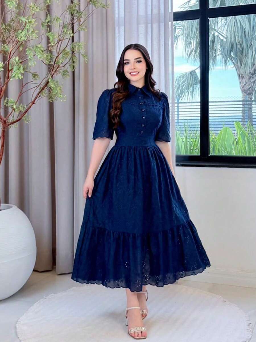 Elegant Midi Dress In 3D Embroidered Lace, 100% Cotton, With Puff Sleeves And A Full Skirt. - Màu xanh hải quân - Xem 1