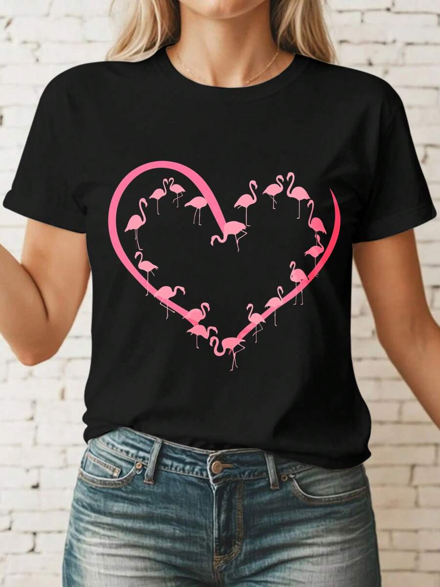 Talla - Talla - Camiseta Casual de Moda para Mujer con Diseño de Corazón de Flamenco para Uso en Verano, Regalo para Mujer - Camiseta de Algodón de Manga Corta, Cuello Redondo, Estilo Vintage Urbano, Unisex y Holgada - Negro - Ver 1