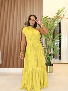Summer Dresses For WomenSpring And Summer New Women's Fashion Temperament Solid Color Oblique Shoulder Long DressLoose And Comfortabledresses For Women - 黃色 - 查看 3