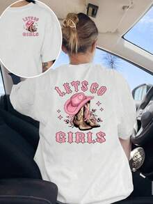 Camiseta de manga corta con estampado frontal y trasero, "LET'S GO GIRLS", camiseta casual moderna para mujer con diseño de bota vaquera occidental, top casual de manga corta y cuello redondo, adecuada para verano y primavera, ropa de mujer 100% algodón. - Blanco - Ver 1