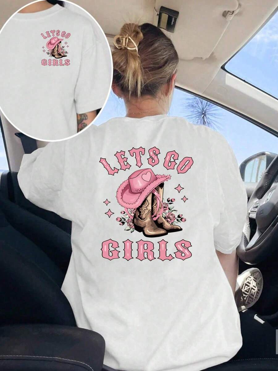Camiseta de manga corta con estampado frontal y trasero, "LET'S GO GIRLS", camiseta casual moderna para mujer con diseño de bota vaquera occidental, top casual de manga corta y cuello redondo, adecuada para verano y primavera, ropa de mujer 100% algodón. - Blanco - Ver 1