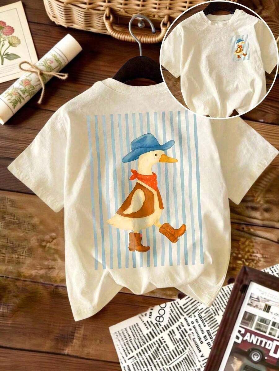 Camiseta de manga corta con estampado de pato de dibujos animados, cuello redondo, corte regular, informal para mujer, 100% algodón, para verano. - Albaricoque - Ver 1