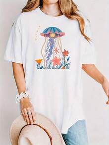 Camiseta Oversize con Estampado de Medusas y Flores en Tonos Suaves - Camiseta Negra Casual de Corte Holgado, Ultra Suave y Transpirable para Verano - Regalo Perfecto para Cumpleaños, Día de San Valentín, Navidad, de Halloween para Mujeres, Hombres, Parejas, Familiares y Amigos - Camiseta Vintage de Estilo Urbano Unisex de Algodón Suave con Cuello Redondo y Manga Corta - Blanco - Ver 1