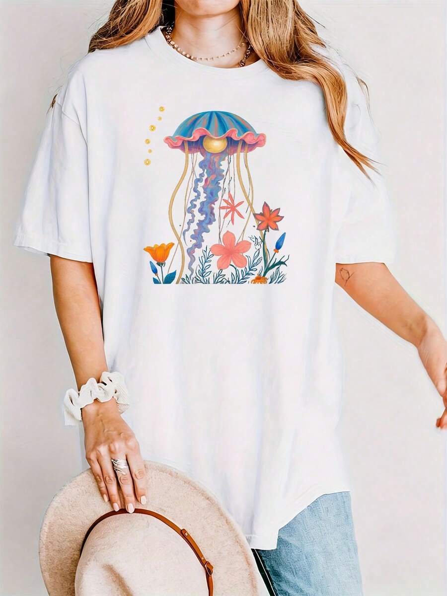 Camiseta Oversize con Estampado de Medusas y Flores en Tonos Suaves - Camiseta Negra Casual de Corte Holgado, Ultra Suave y Transpirable para Verano - Regalo Perfecto para Cumpleaños, Día de San Valentín, Navidad, de Halloween para Mujeres, Hombres, Parejas, Familiares y Amigos - Camiseta Vintage de Estilo Urbano Unisex de Algodón Suave con Cuello Redondo y Manga Corta - Blanco - Ver 1