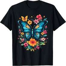 Nueva Llegada 2026: Camiseta de Mujer con Estampado de Mariposas y Flores, Tejido Suave y Transpirable, 100% Algodón, para Uso Diario, Estampado Gráfico. - Negro 1 - Ver 7