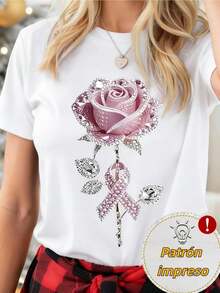 Camiseta de mujer con cinta de rosa de cristal camiseta de manga corta blanca patrón floral versión convencional camiseta pro piel transpirable, suave y cómoda tela cómoda adecuada para cuatro estaciones con blusa casual de cuello redondo adecuada para el uso diario - Blanco - Ver 1