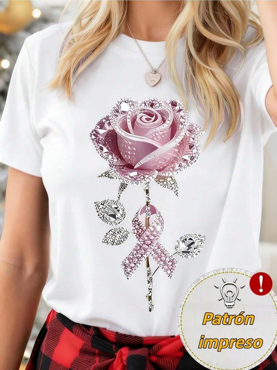Camiseta de mujer con cinta de rosa de cristal camiseta de manga corta blanca patrón floral versión convencional camiseta pro piel transpirable, suave y cómoda tela cómoda adecuada para cuatro estaciones con blusa casual de cuello redondo adecuada para el uso diario - Blanco - Ver 1
