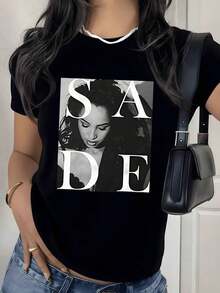 Vintage Letter Graphic Print T-Shirt, 180g, 1 Piece, Monochromatic Artistic Portrait, Women's Casual T-Shirt 100% Cotton, Urban Style - 黑色 - 查看 9