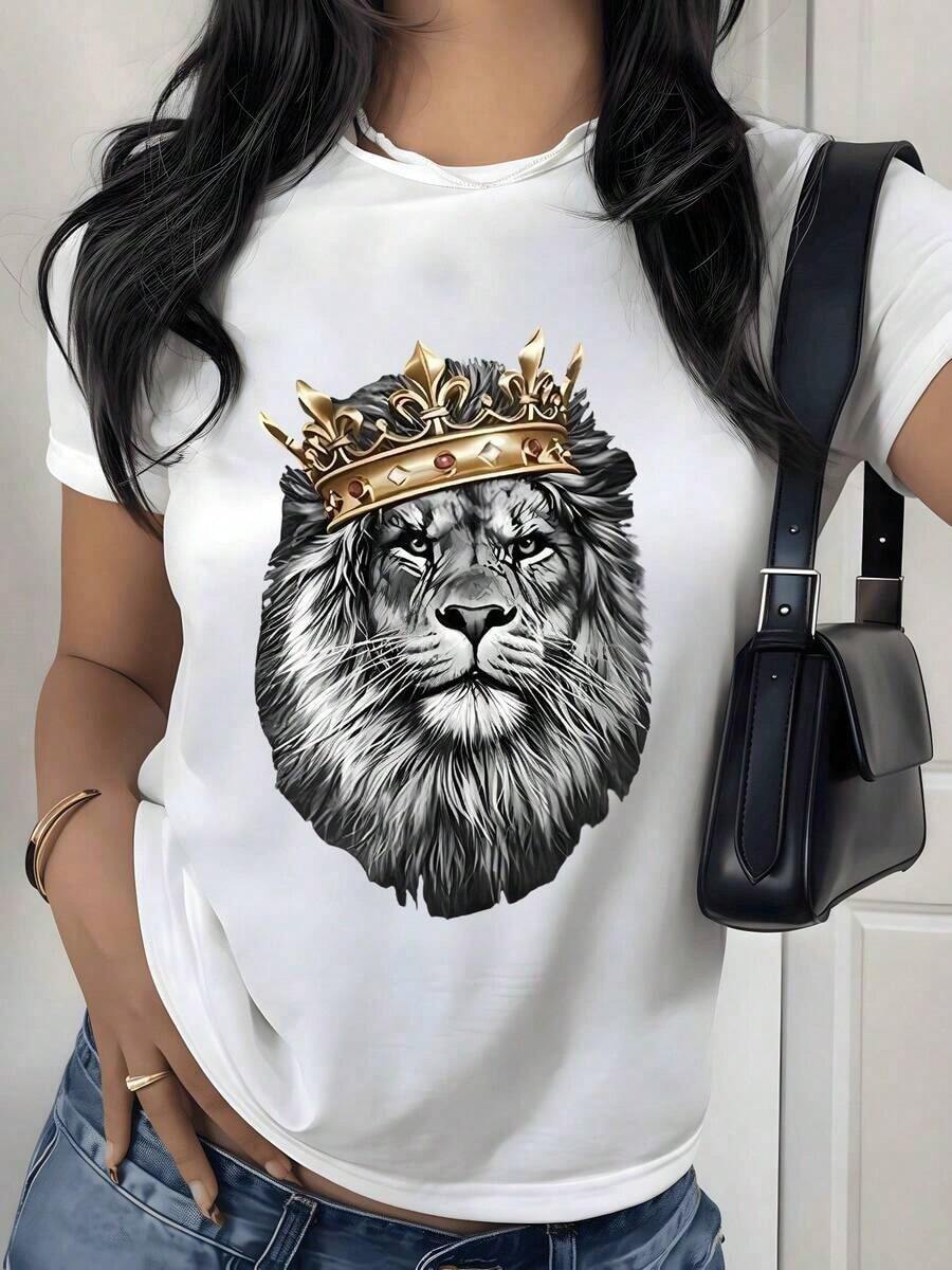 Majestic Crowned Lion Graphic Print T-Shirt, 180g, 1 Piece, Women's Casual Style, 100% Cotton, Streetwear Style - 白色 - 查看 1