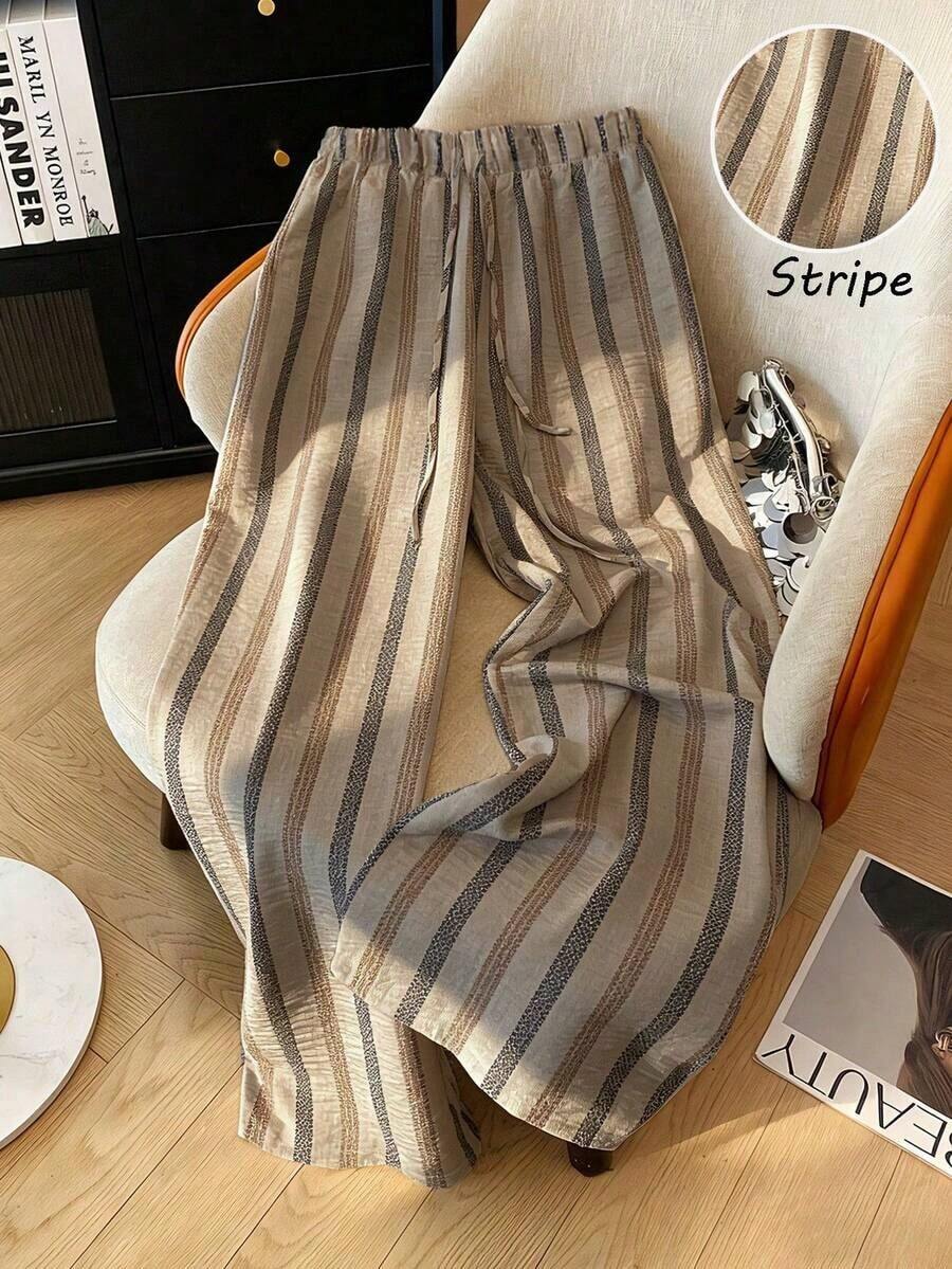 Pantalones largos de cintura elástica, de estilo holgado y casual, adelgazantes, de nuevo estilo de verano.Pantalones de chándal finos y versátiles a rayas para mujer, para primavera y verano.Pantalones largos de verano, ropa casual para mujer, - Multicolor - Ver 1