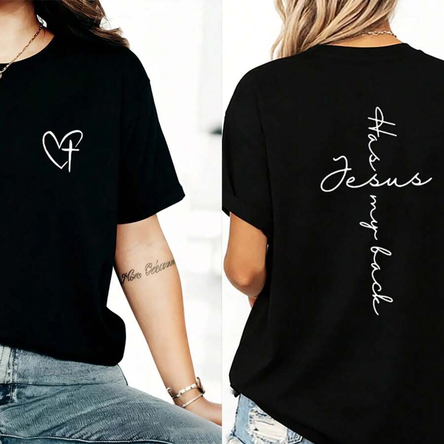 Camiseta con Estampado "Jesus Has My Back", Camiseta Holgada Versátil de Algodón - Negro - Ver 1