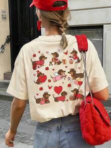Camiseta de Verano Nueva, Moderna, Versátil, Minimalista, con Estampado de Corazones de Cachorro, Cuello Redondo, Manga Corta, Casual, para Mujer - Albaricoque - Ver 1