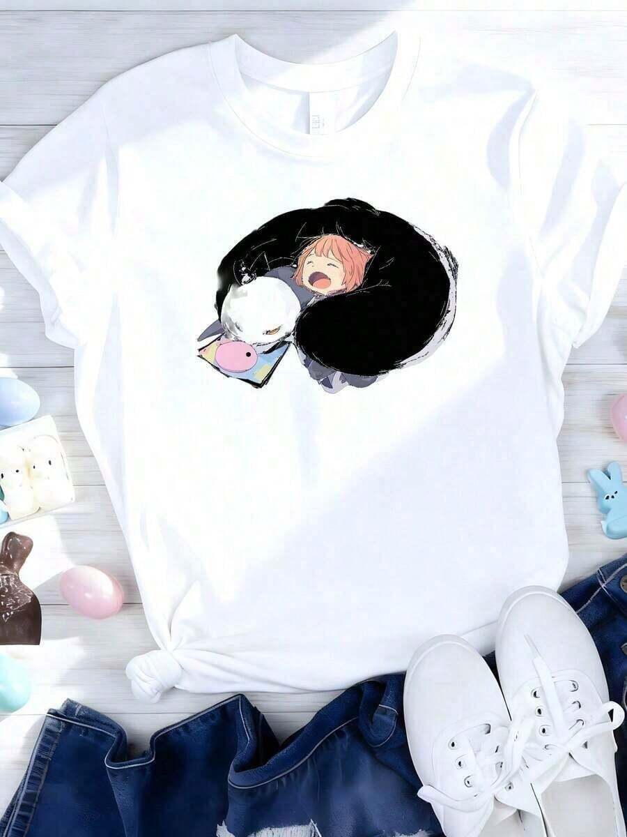 Cartoon Graphic Print T-Shirt, Harajuku Japanese Anime Style, Casual Short-Sleeve T-Shirt, Plus Size For Women - 100% Cotton. Suitable For Versatile Casual Wear In Spring, Summer, And Autumn. | Exquisite Design | Loose And Comfortable | Easy To Match | - 白色 3 - 查看 1
