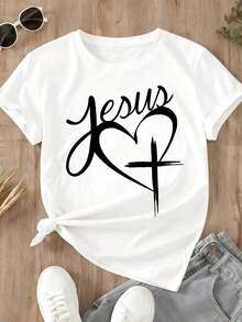 Camiseta Casual para Mujer con Estampado de Corazón de Jesús y Cruz, Top con Declaración de Fe Cristiana para Uso Diario, Ropa de Iglesia y Regalos Espirituales - Blanco - Ver 2
