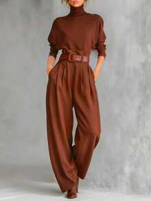 New Women's Best-Selling 2-Piece Set: High-Neck, Long-Sleeved Top And High-Waisted, Wide-Leg Pants. Includes Belt. Flattering And Stylish Design, Perfect For Daytime Looks, Office, Dates, And Everyday Wear. - 深棕色(皮帶) - 查看 4