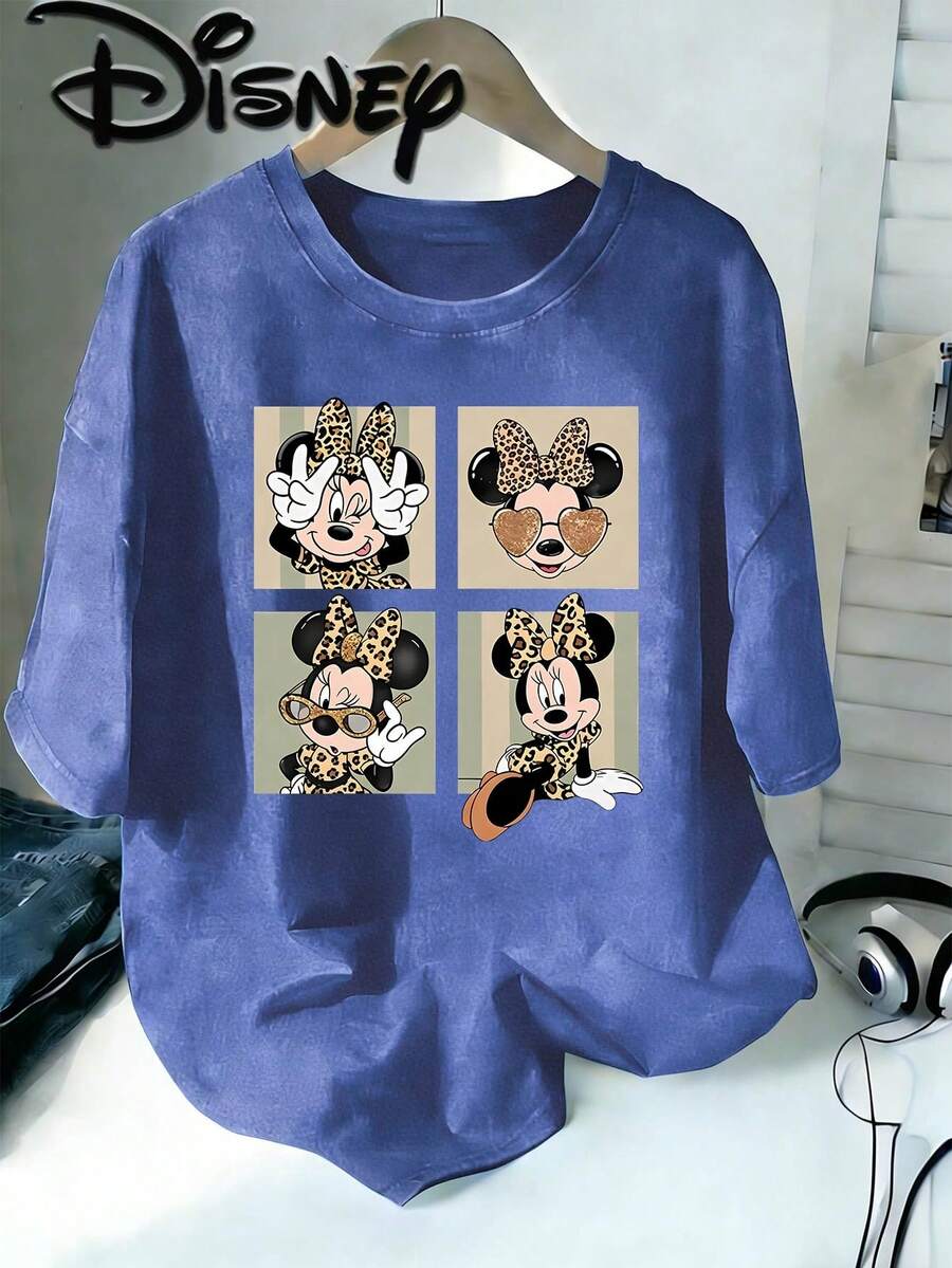 Disney Minnie Mouse Leopard Print Suit Four Grid Playful Expression Creative Print Stylish Oversized Vintage T-Shirt 2026 Spring Summer Crew Neck T-Shirt Vintage Fashion Lovers Popular Vintage Crew Neck T-Shirt - Màu xanh lam - Xem 1