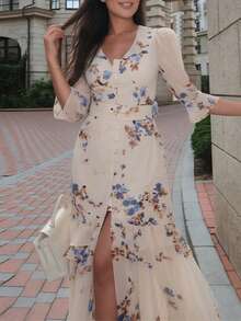 Vestido Mujer Primavera Tirantes con Volantes Estampado Floral Vintage Estilo Francés Elegante Moda Europea - Blanco - Ver 3