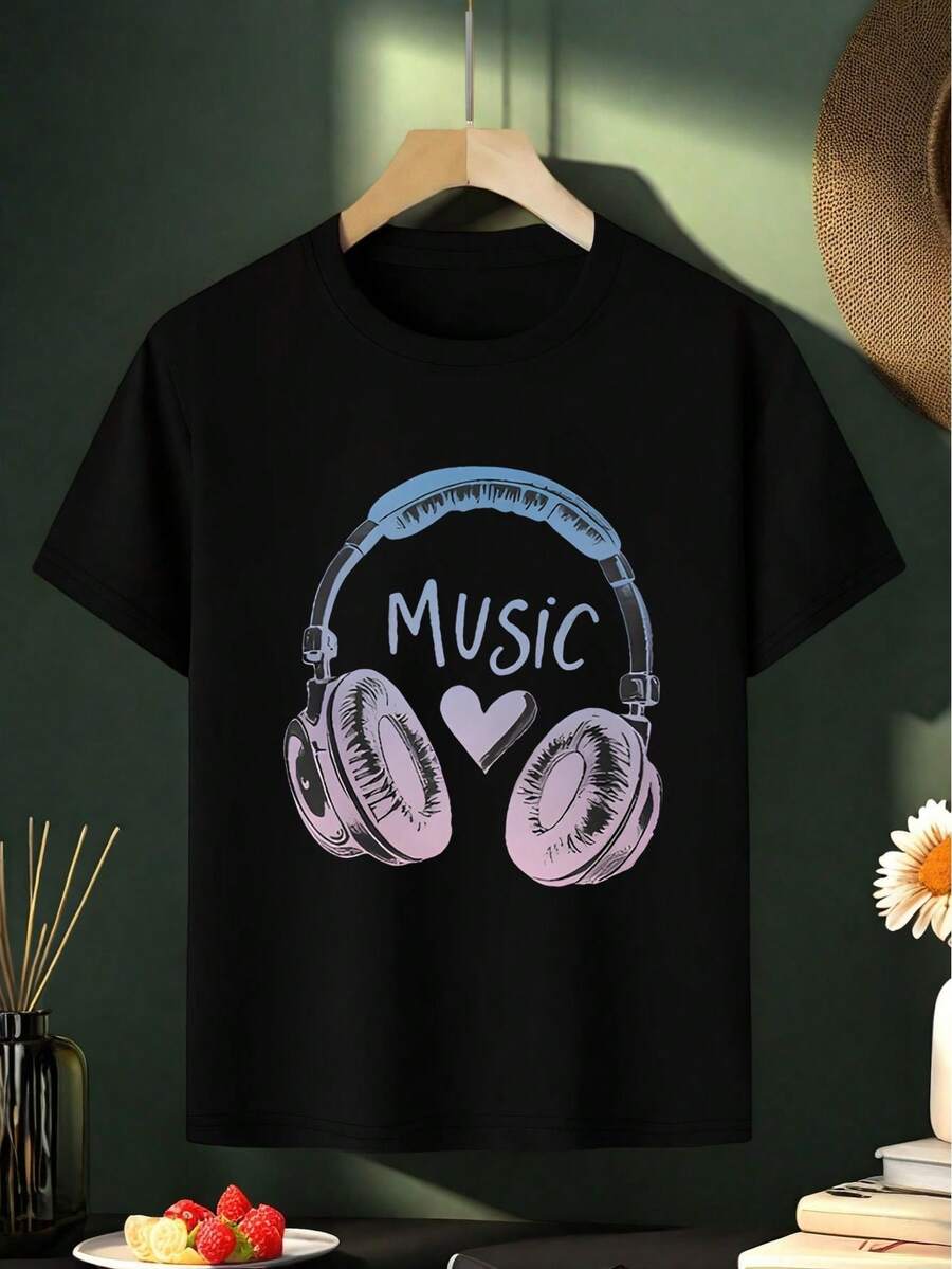 1 camiseta musical suave para niñas, estampada con patrones de auriculares y notas musicales - top casual de verano en rosa y blanco, ropa linda con temática musical, adecuada para clases de baile, conciertos y uso casual (varios tamaños) 100% algodón 180g - Negro - Ver 1