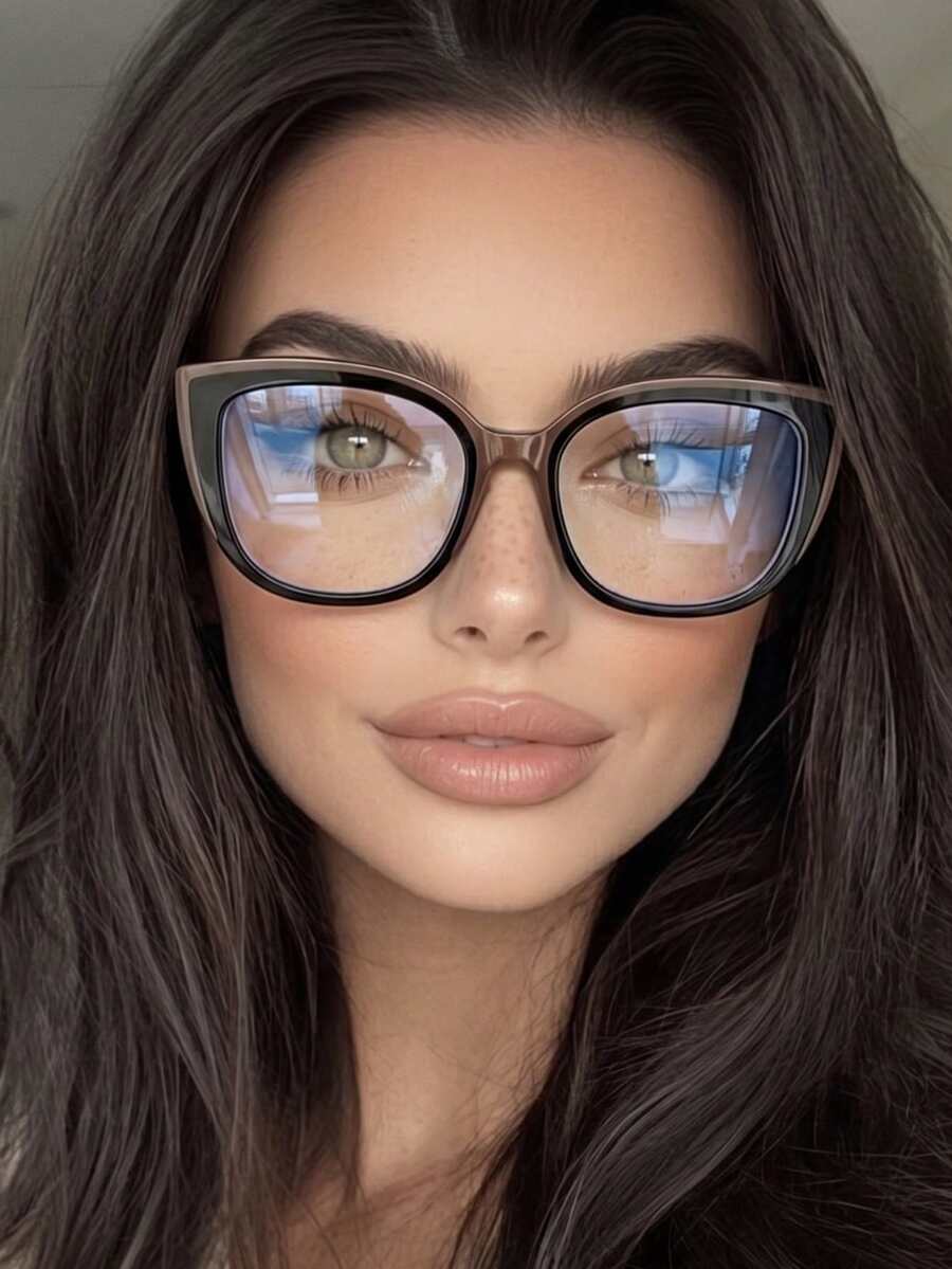 1 Pair Women's Large Frame Sexy Cat Eye Fashion Street Style Decorative Clear Lens Glasses - Copper Mold Coffee Black Frame - View 1