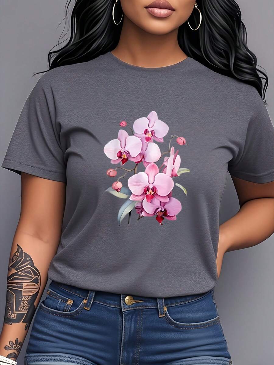 T-Shirt With A Pink Orchid Print, Short Sleeves, And A Round Neck. Women's Clothing, Fresh And Elegant Style, Versatile And Casual, Suitable For Everyday Wear, Parties, Dates, And As A Birthday Gift. MG3E - 深灰色 - 查看 1