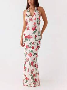 Vestido estampado nueva llegada, escote V y espalda descubierta, estilo retro vacacional - Rojo - Ver 5