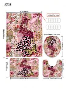 1/3/4 Stück Luxus Rosa Leoparden Muster Badezimmer Set, Leoparden, Perlen, Schleife, Rosenblumen Muster bedruckter wasserdichter Duschvorhang mit 12 Haken, rutschfeste Badematte, Toilette-Sitzabdeckung, U-förmige Matte, modische luxuriöse Heimdekoration - A - Übersicht 15