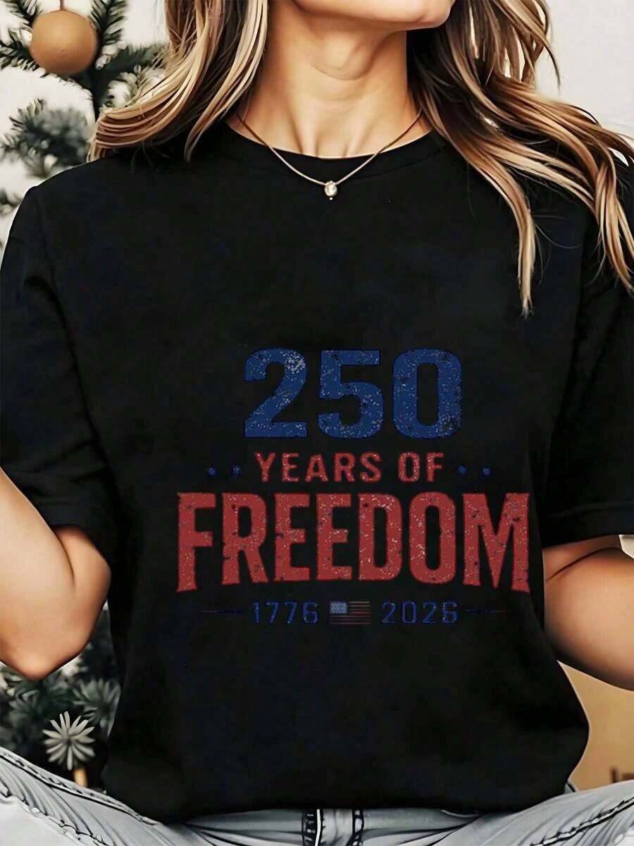 Camiseta de Cuello Redondo para Mujer, 250 Años de Libertad 1776, Camiseta de Moda, Celebración del Día de la Independencia Americana, Estampado Patriótico, Top Casual 250g, Playera Holgada para Mujer - Negro - Ver 1