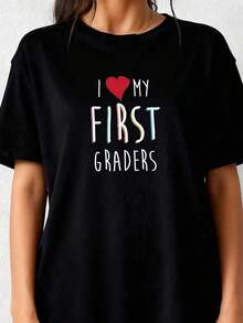 1 pieza Camiseta "Amo a mis alumnos de primer grado", Camiseta para maestro de primer grado, Camiseta para maestro de primaria, Camiseta para maestro de clase, 180g Algodón 100% - Negro 2 - Ver 2