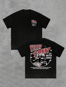 Camiseta Casual para Hombre con Diseño de Payaso Asesino del Espacio Exterior, Impresión a Doble Cara, 220g, 100% Algodón, Temática de Alien Bozos y Encuentros Cercanos - Negro - Ver 1