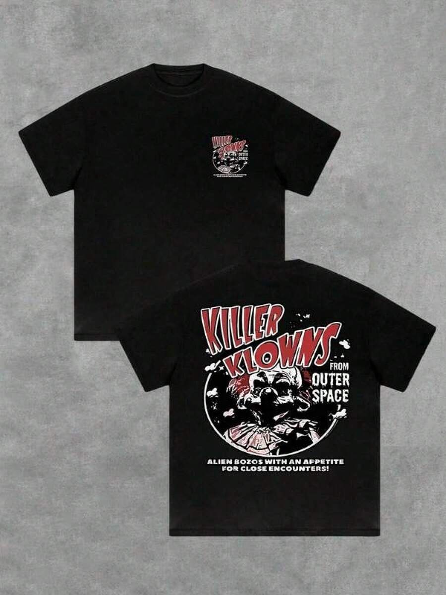 Camiseta Casual para Hombre con Diseño de Payaso Asesino del Espacio Exterior, Impresión a Doble Cara, 220g, 100% Algodón, Temática de Alien Bozos y Encuentros Cercanos - Negro - Ver 1