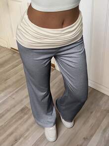 SCARLUX Autumn Y2K Women's Basic Color Block Striped Wide Leg Pants, Elastic Waist Long Pants, Vacation Style - Navy Blue - View 2