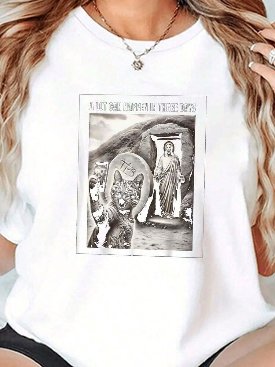 Camiseta-Cristiana-Con-Gato-De-Meme-De-Pascua-Tomando-Selfie-De-Jesus-Resurrección-Para-Mujeres- y-Niñas | Diseño exquisito | Suelto y cómodo | Fácil de combinar | - Blanco - Ver 1