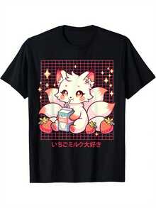 Camiseta de anime japonés con estampado de zorro para mujer y unisex - 100% algodón, diseño de zorro demonio y leche de fresa, manga corta, suave, transpirable, cuello redondo, estilo casual. | Diseño exquisito |   Suelto y cómodo |   Fácil de combinar | - Negro - Ver 7
