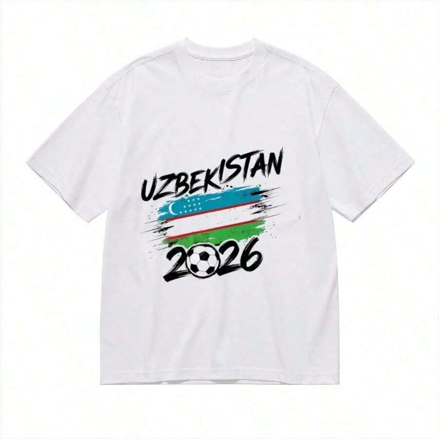 1 pieza de camiseta gráfica de manga corta y cuello redondo para mujer, diseño con temática de fútbol 2026, top informal para uso diario de fanáticos del deporte, 180g 100% algodón, los diseños están completamente impresos. Unisexo. - Blanco 4 - Ver 1