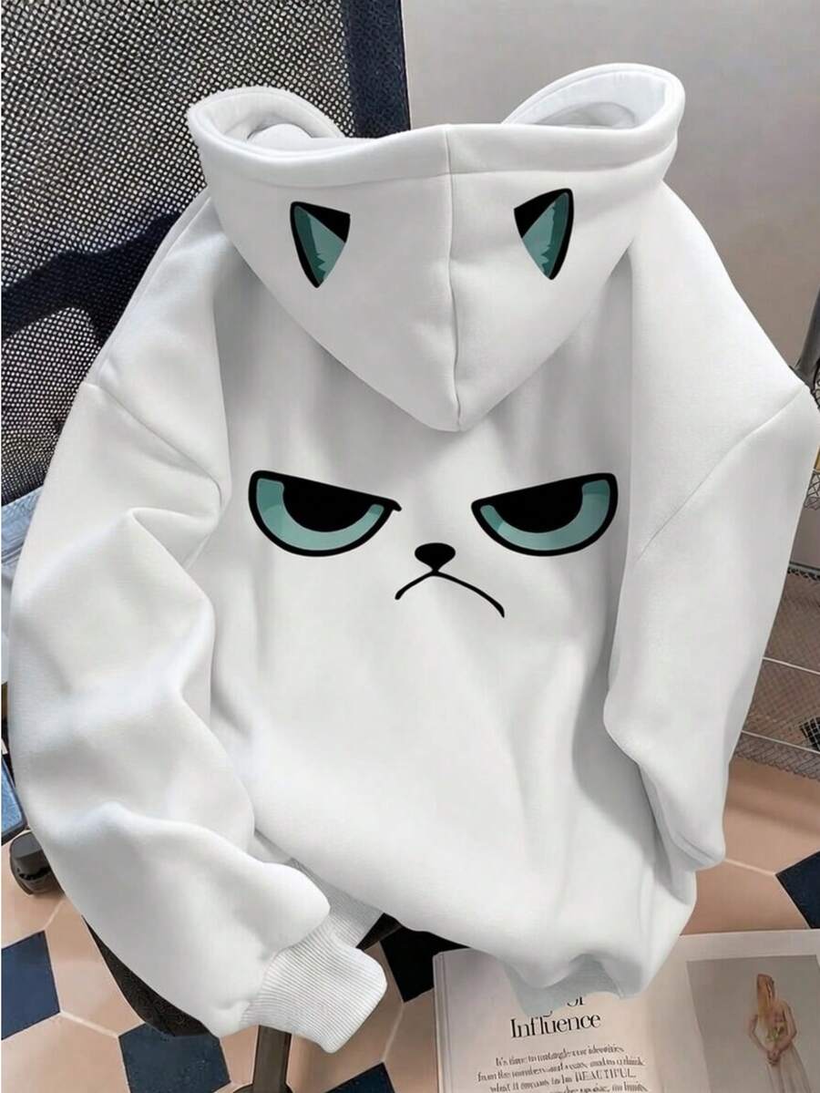 Women's Kangaroo Hoodie With Cat Face Print On Hood, Eyes And Ears, With Pocket And Hood, Premium Coat, Warm Fleece Sweatshirt - 白色 - 查看 1