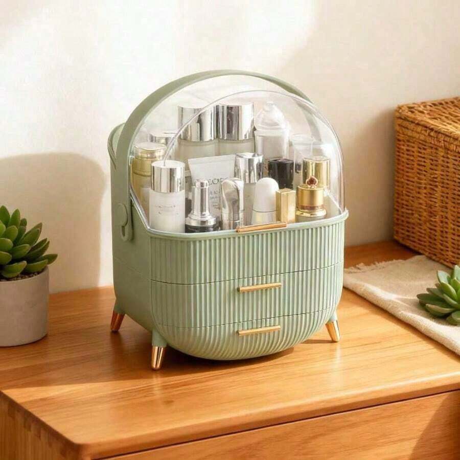 Women's Cosmetics Storage Box, Desktop Display Cosmetic Box With Handle, Lid And Drawer, Bathroom And Dressing Table Cosmetic Storage Container - 淺綠色 - 查看 1
