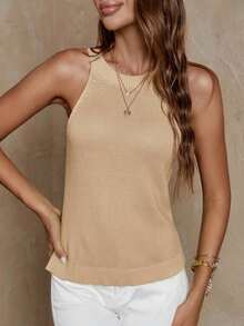 Blusa de punto de mujer sin mangas unicolor, estilo minimalista casual - Albaricoque 2 - Ver 4