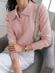 1 pieza Suéter de mujer de unicolor de manga larga, estilo casual de negocios para otoño, blusas de manga larga, ropa de mujer de otoño - Rosa - Ver 6